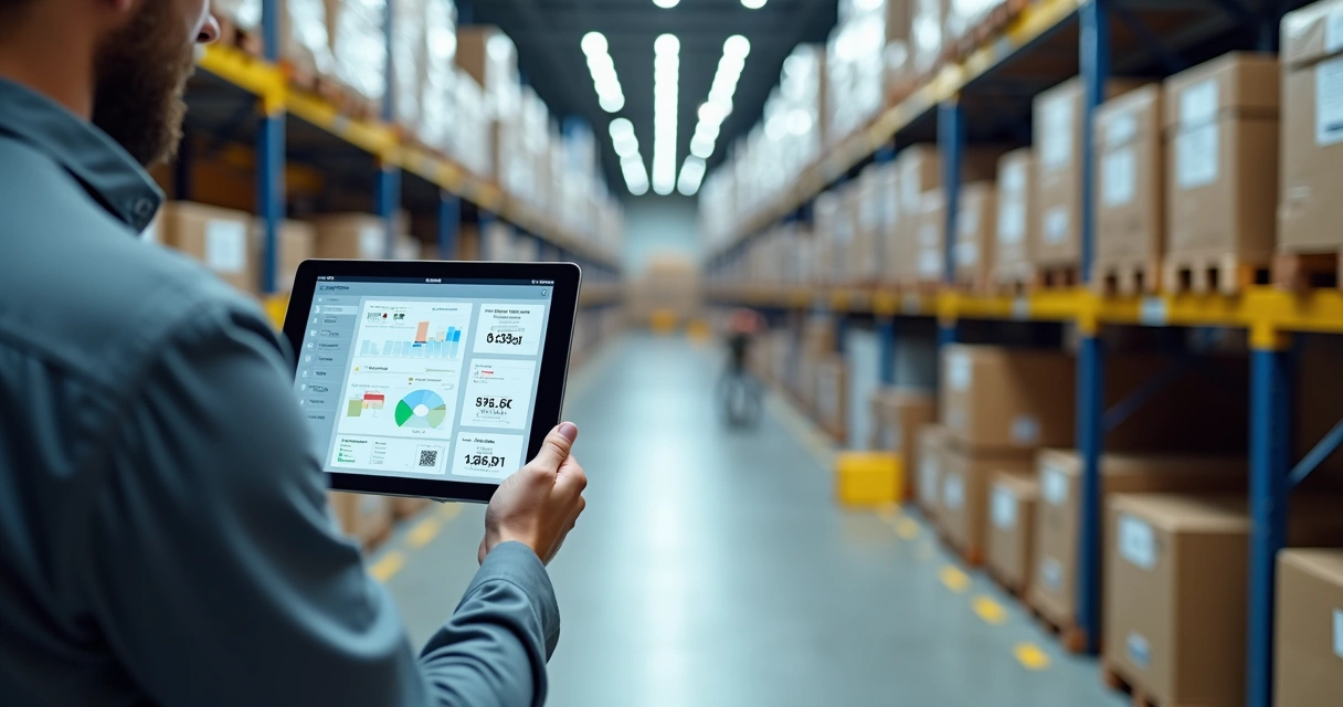 Gestor conferindo controle de lote em tablet diante de estoque organizado com caixas etiquetadas