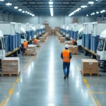 Operação de cross docking com caminhões em docas e funcionários movimentando pallets com leitores de código de barras