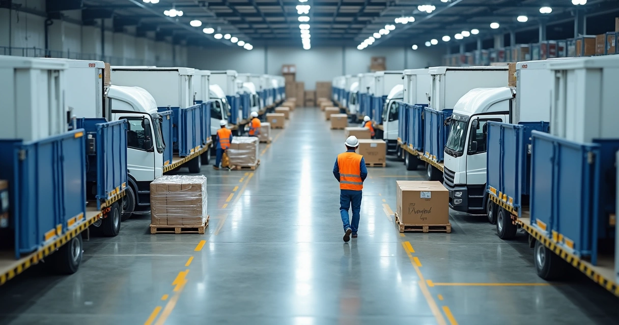 Operação de cross docking com caminhões em docas e funcionários movimentando pallets com leitores de código de barras