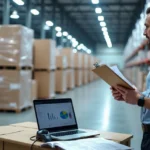 Gestor logístico conferindo packing list com carga paletizada em armazém