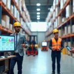 Gestor analisando erros de estoque em armazém com sistema WMS na tela