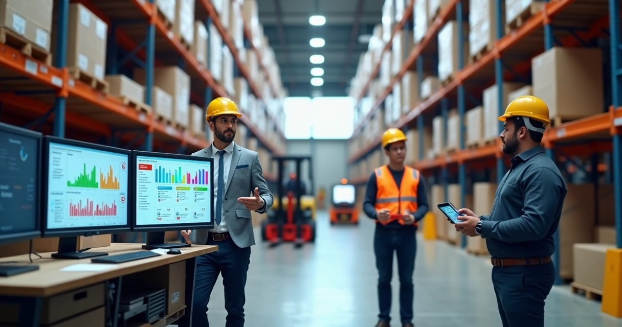 Gestor analisando erros de estoque em armazém com sistema WMS na tela