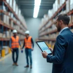 Gestor conferindo inventário de estoque em depósito moderno com tablet e prateleiras organizadas