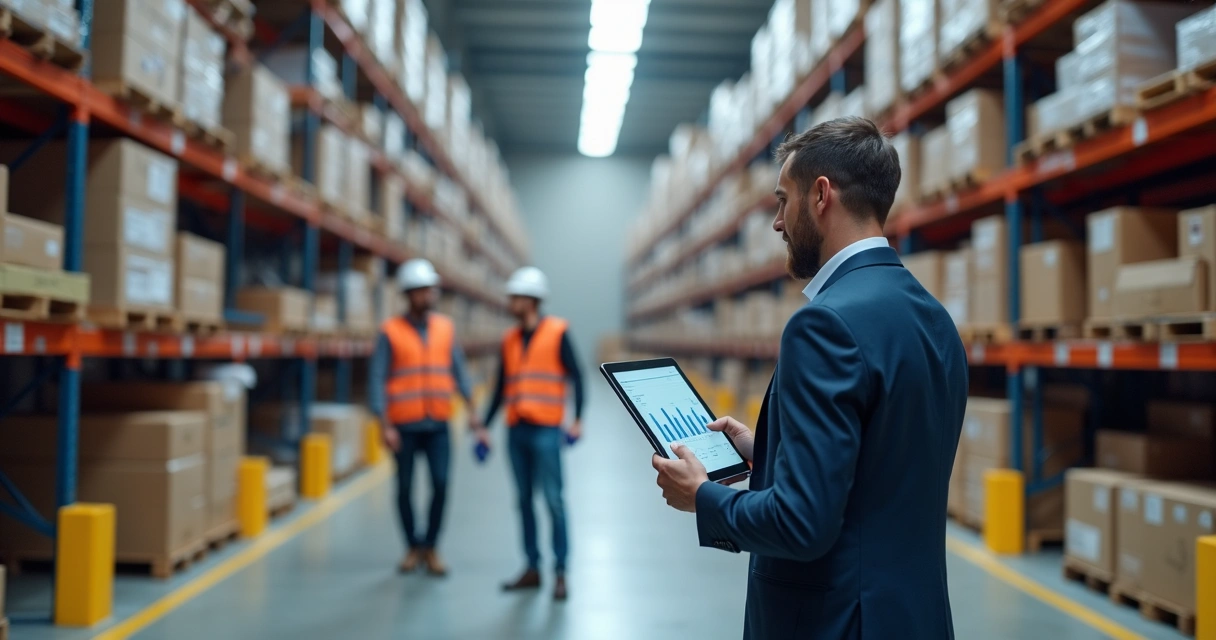 Gestor conferindo inventário de estoque em depósito moderno com tablet e prateleiras organizadas