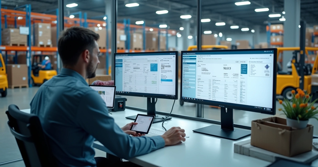Gestor conferindo nota fiscal eletrônica em tela com estoque e expedição ao fundo