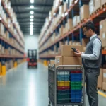 Operador realizando picking com coletor em corredor de armazém organizado