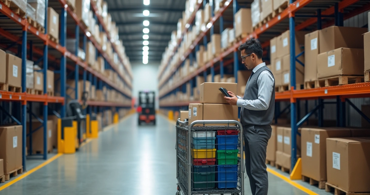 Operador realizando picking com coletor em corredor de armazém organizado