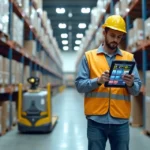 Operador usando coletor de dados para putaway em armazém organizado com prateleiras altas