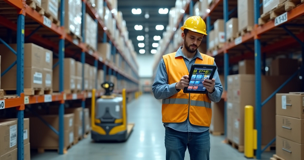 Operador usando coletor de dados para putaway em armazém organizado com prateleiras altas
