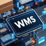 nterface de WMS Cloud em tablet para gerenciamento de armazém e controle logístico automatizado.