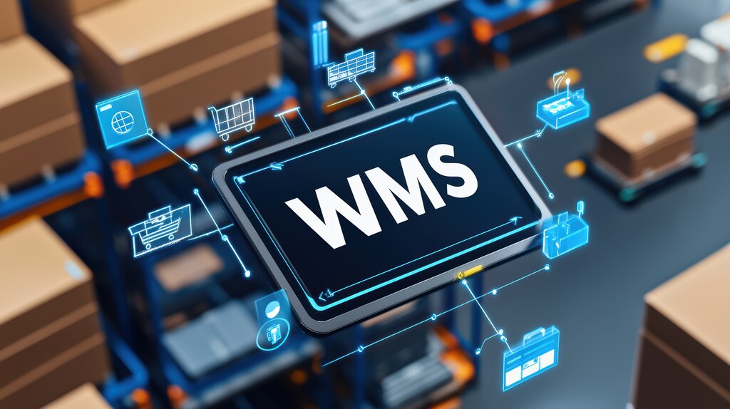 nterface de WMS Cloud em tablet para gerenciamento de armazém e controle logístico automatizado.