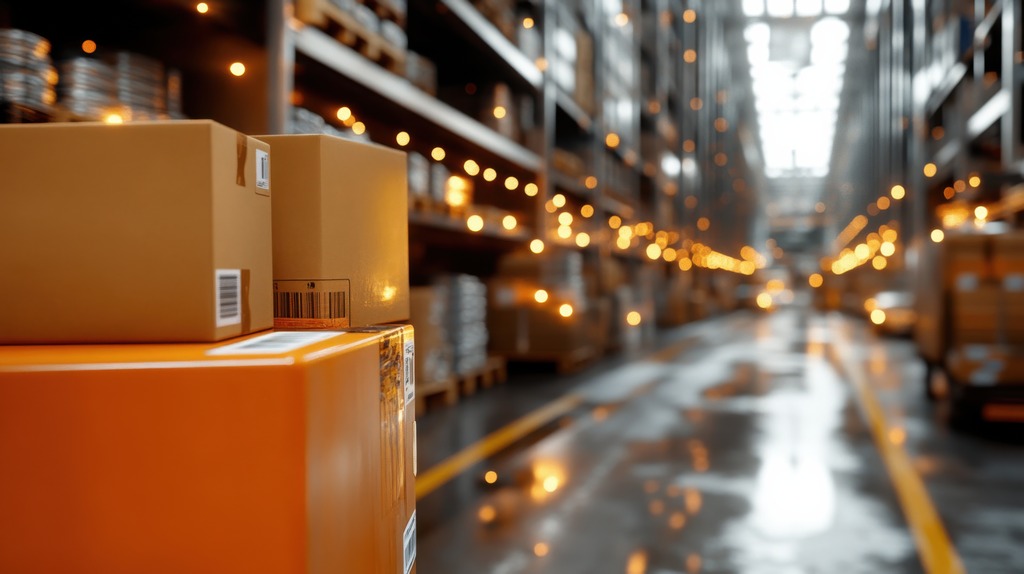 gestao armazem wms organizacao estoque logistica.jpg caixas organizadas em armazém logístico com estoque armazenado em prateleiras industriais