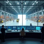 Centro de controle WMS exibido em videowall de armazém automatizado