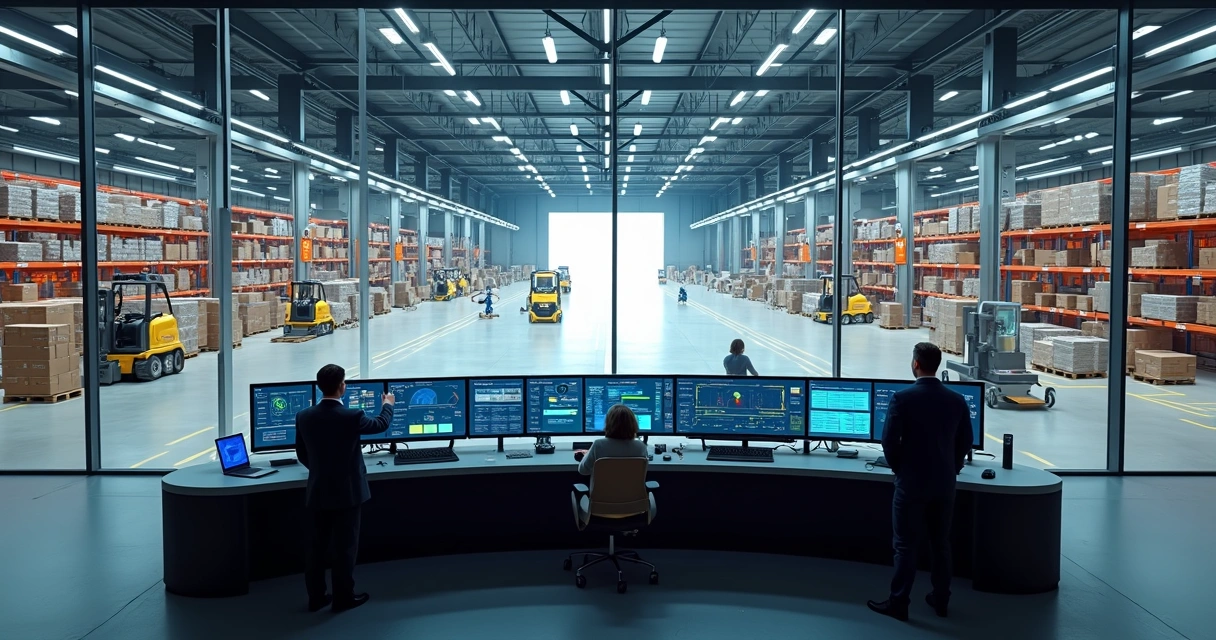 Centro de controle WMS exibido em videowall de armazém automatizado