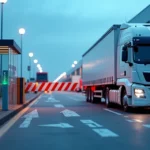 Portaria logística com cancela eletrônica liberando caminhão