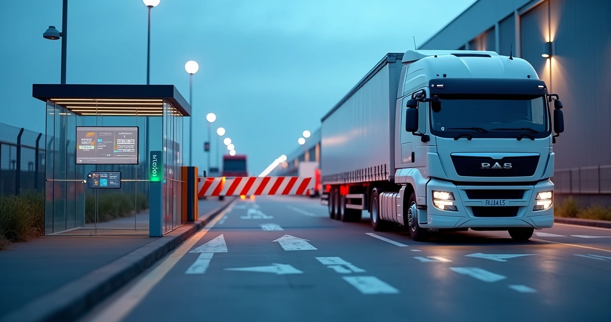 Portaria logística com cancela eletrônica liberando caminhão