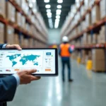 Gestor de distribuidora analisa mapa digital de rotas e estoque em grande tablet no armazém