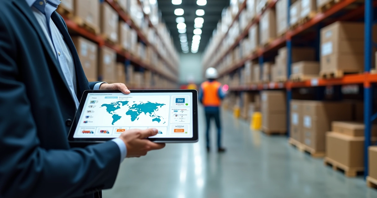 Gestor de distribuidora analisa mapa digital de rotas e estoque em grande tablet no armazém