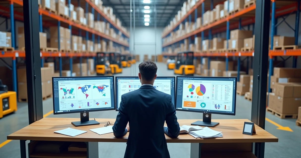 Gestor compara telas de sistemas WMS em ambiente de armazém moderno
