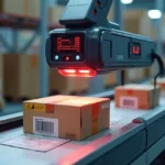 Leitor de código de barras escaneando caixas em esteira de operação logística