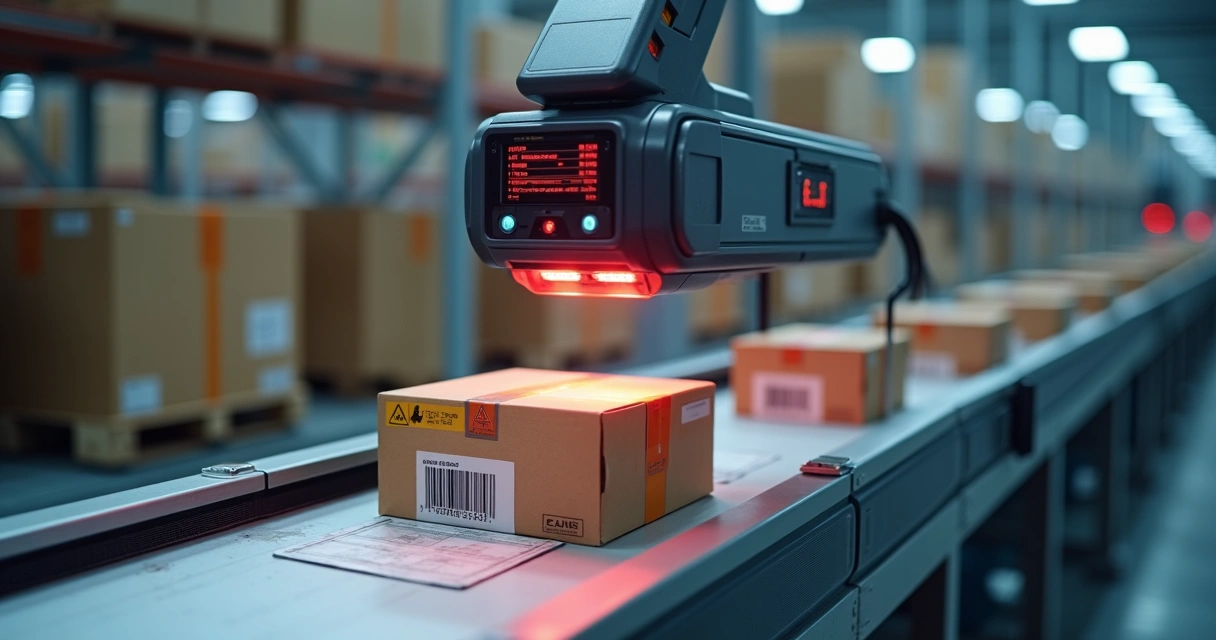 Leitor de código de barras escaneando caixas em esteira de operação logística