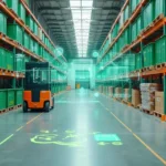 Depósito logístico com estoque organizado e fluxo sustentável com ícones verdes digitais