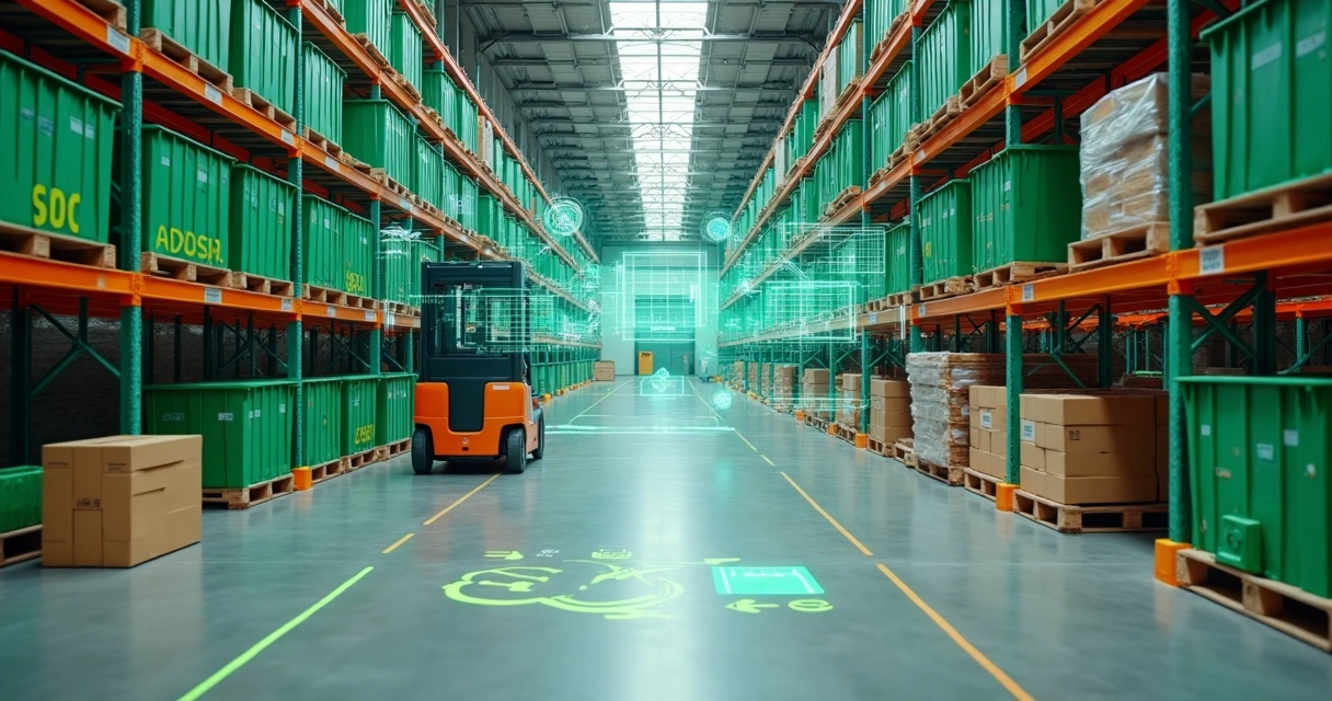 Depósito logístico com estoque organizado e fluxo sustentável com ícones verdes digitais
