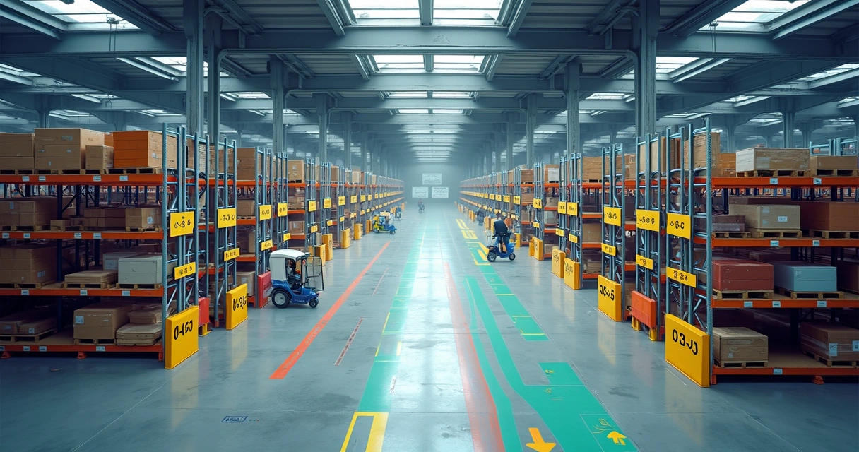 Mapa visual de endereçamento de estoque em armazém moderno visto de cima