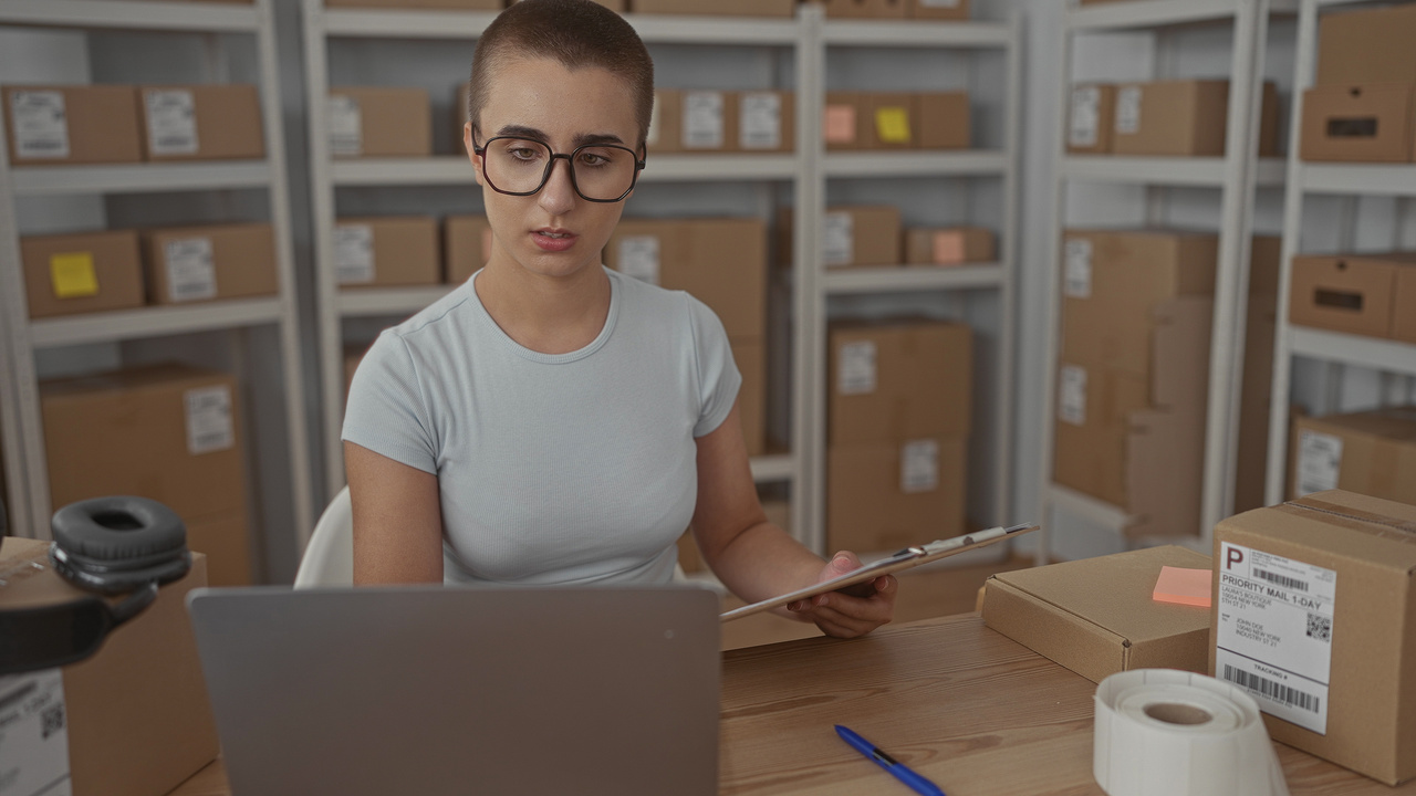 Profissional conferindo packing list e mercadorias em processo de expedição logística