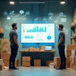 Pequena empresa no fundo de loja com painel digital organizando o estoque