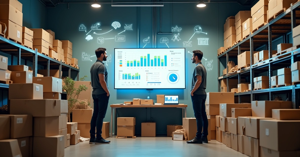 Pequena empresa no fundo de loja com painel digital organizando o estoque