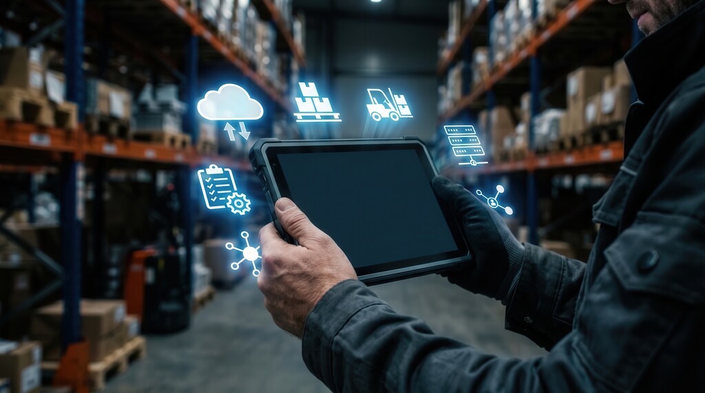 Operador utilizando tablet em armazém logístico com ícones digitais de gestão de estoque e automação de processos.