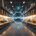 Ilustração de sistema WMS em centro de distribuição com ícones tecnológicos representando automação e controle logístico.