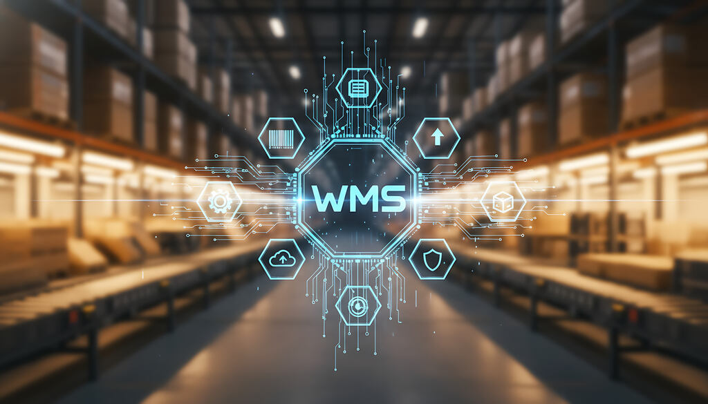 Ilustração de sistema WMS em centro de distribuição com ícones tecnológicos representando automação e controle logístico.