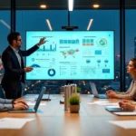 Equipe reunida em sala de guerra acompanhando painel digital de implementação WMS em tempo real