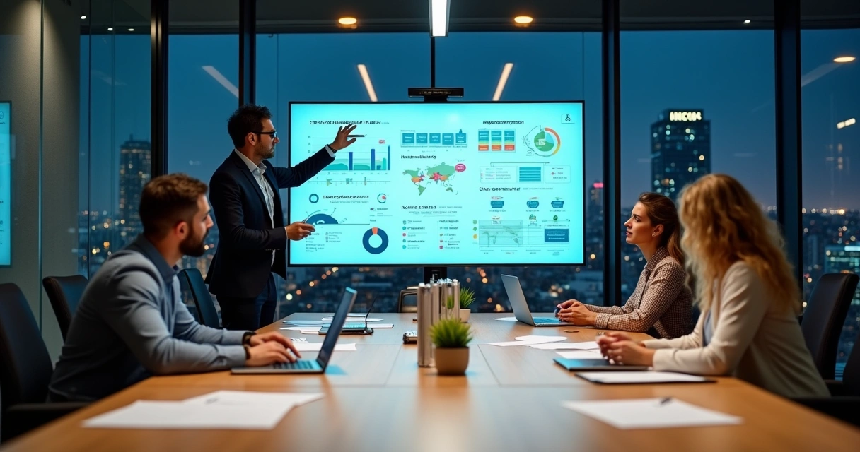 Equipe reunida em sala de guerra acompanhando painel digital de implementação WMS em tempo real