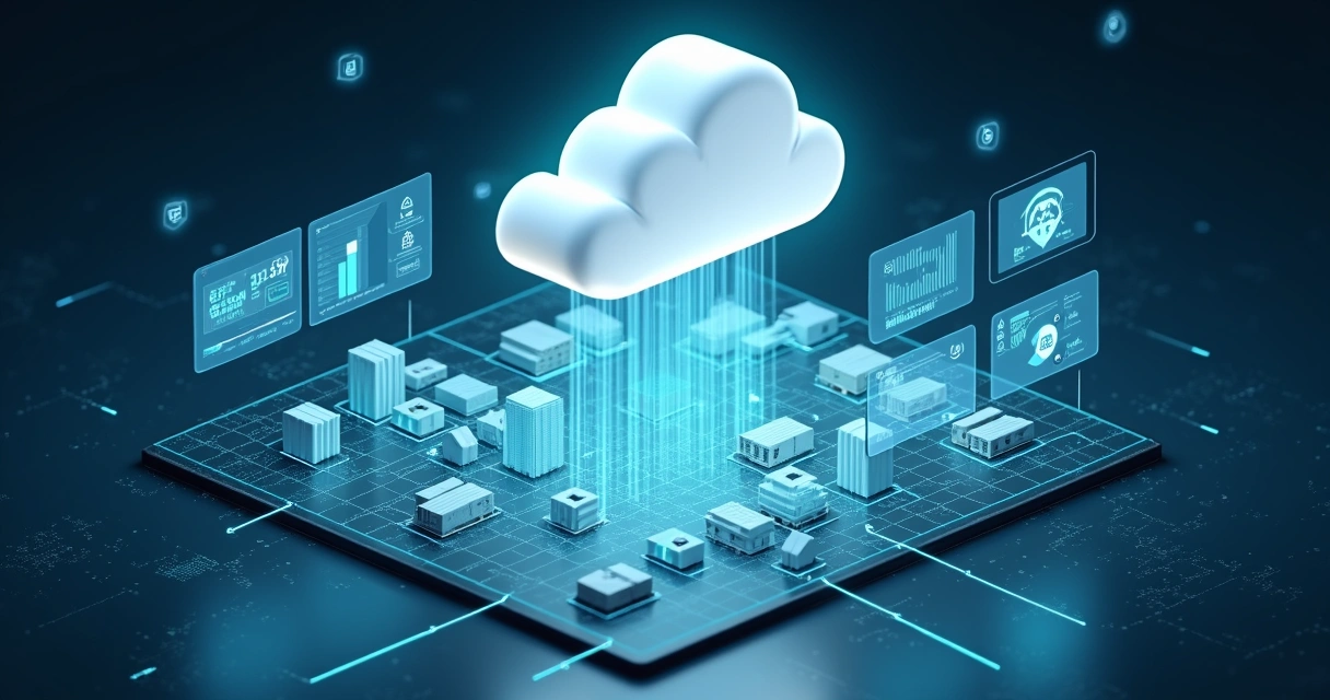 Ilustração 3D de armazém conectado a plataforma WMS em nuvem