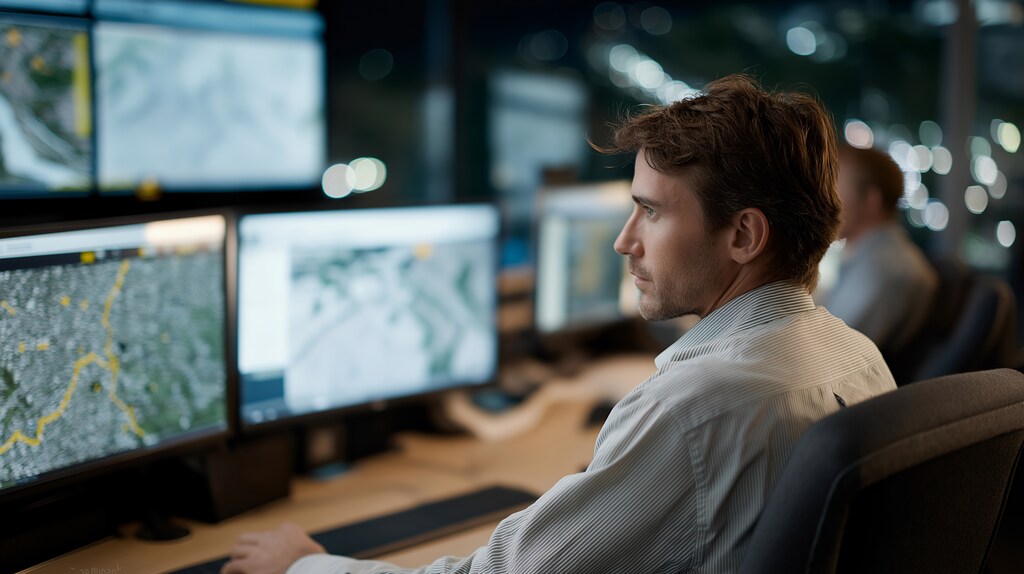 Profissional analisando dados em telas em centro de controle logístico, etapa de monitoramento da operação logística