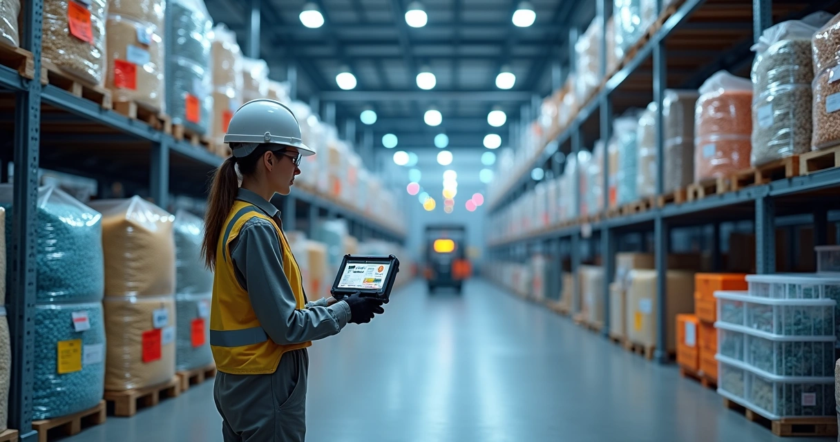 Linha de produção de plásticos com prateleiras de matéria-prima rastreada por sistema digital