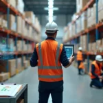 Gestor conferindo inventário de estoque industrial em tablet no centro do galpão