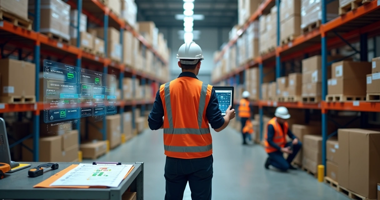 Gestor conferindo inventário de estoque industrial em tablet no centro do galpão
