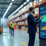 Gestor analisando gráficos de custo operacional em armazém moderno