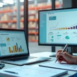 Gestor analisando gráfico de custos de implementação de WMS em escritório com vista para armazém