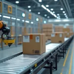Esteira de expedição automatizada com caixas e sensores inteligentes