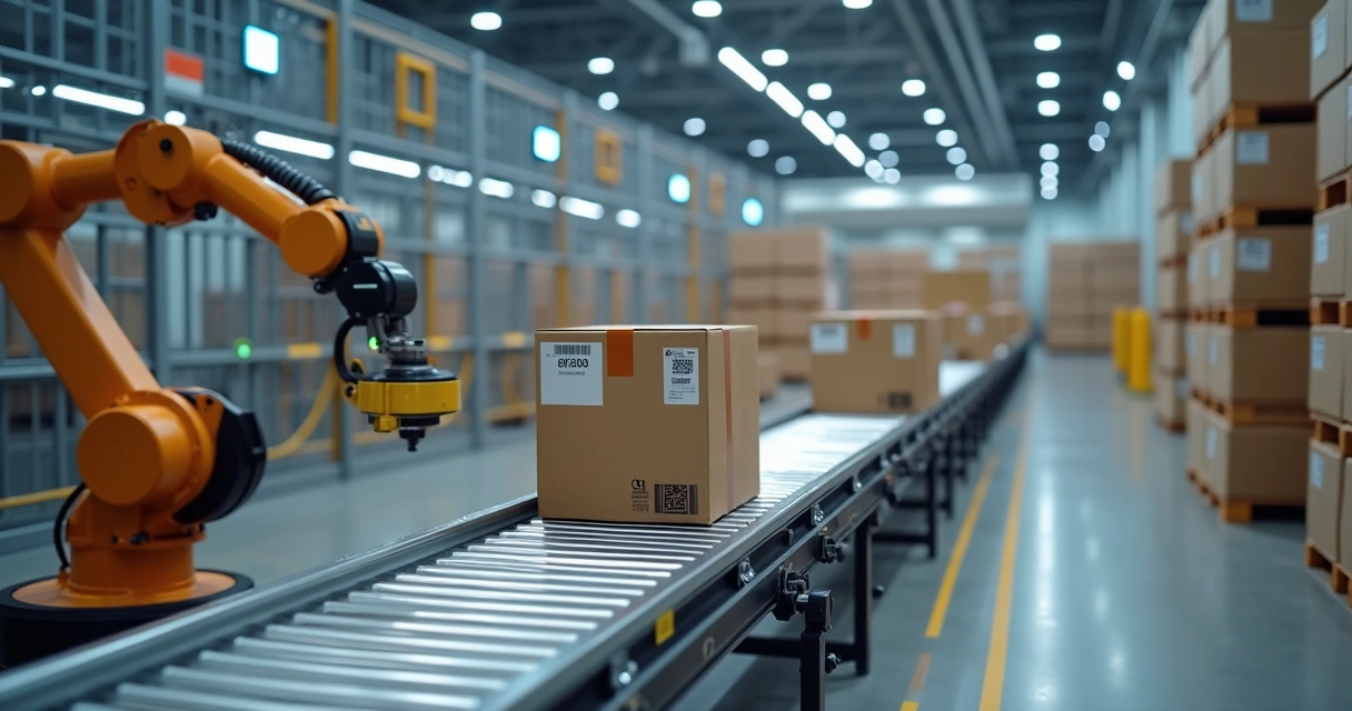 Esteira de expedição automatizada com caixas e sensores inteligentes