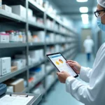 Sala limpa farmacêutica com prateleiras de medicamentos e tablet exibindo controle de estoque