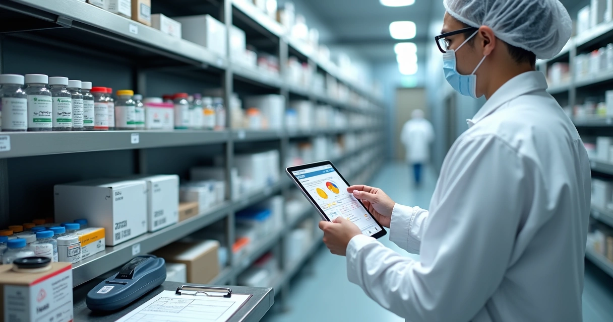 Sala limpa farmacêutica com prateleiras de medicamentos e tablet exibindo controle de estoque