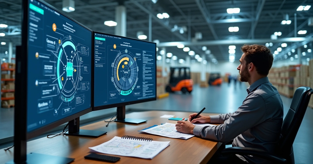 Gestor analisa painel digital de fluxos logísticos e integrações de WMS