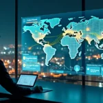 Painel de controle de logística com mapa de cidade e rotas de entrega otimizadas por IA