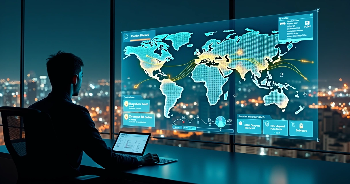 Painel de controle de logística com mapa de cidade e rotas de entrega otimizadas por IA